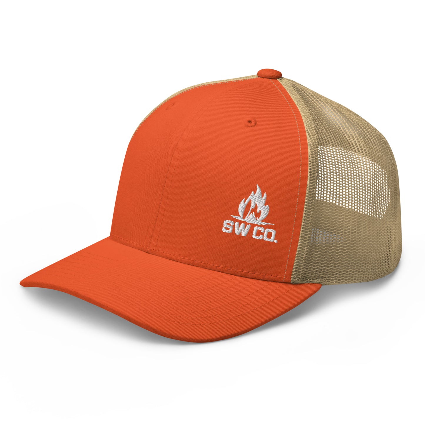 Rustic orange trucker hat with khaki mesh back and white SW CO. flame logo embroidery