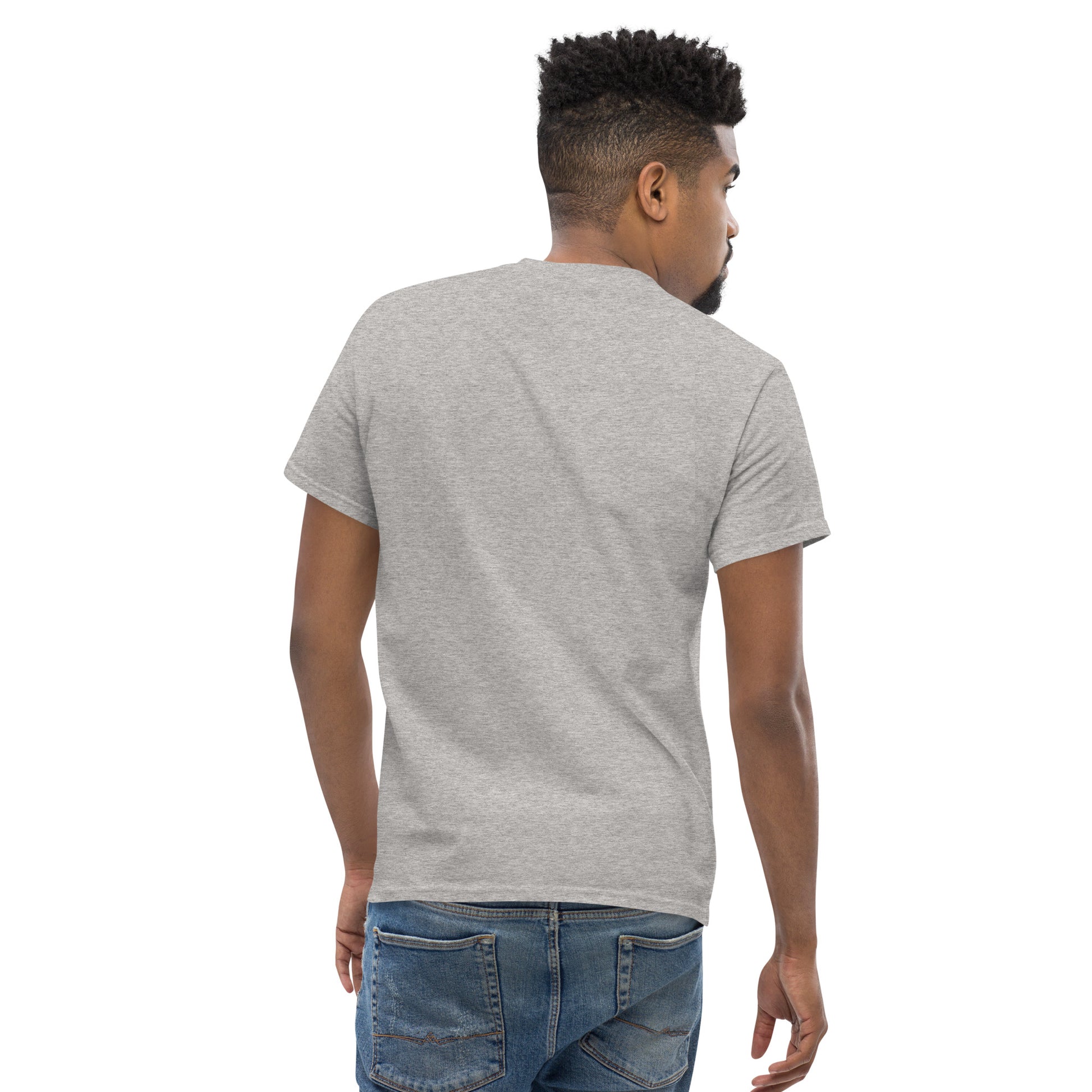 Man wearing unisex classic sport grey t-shirt and blue jeans, shown from back