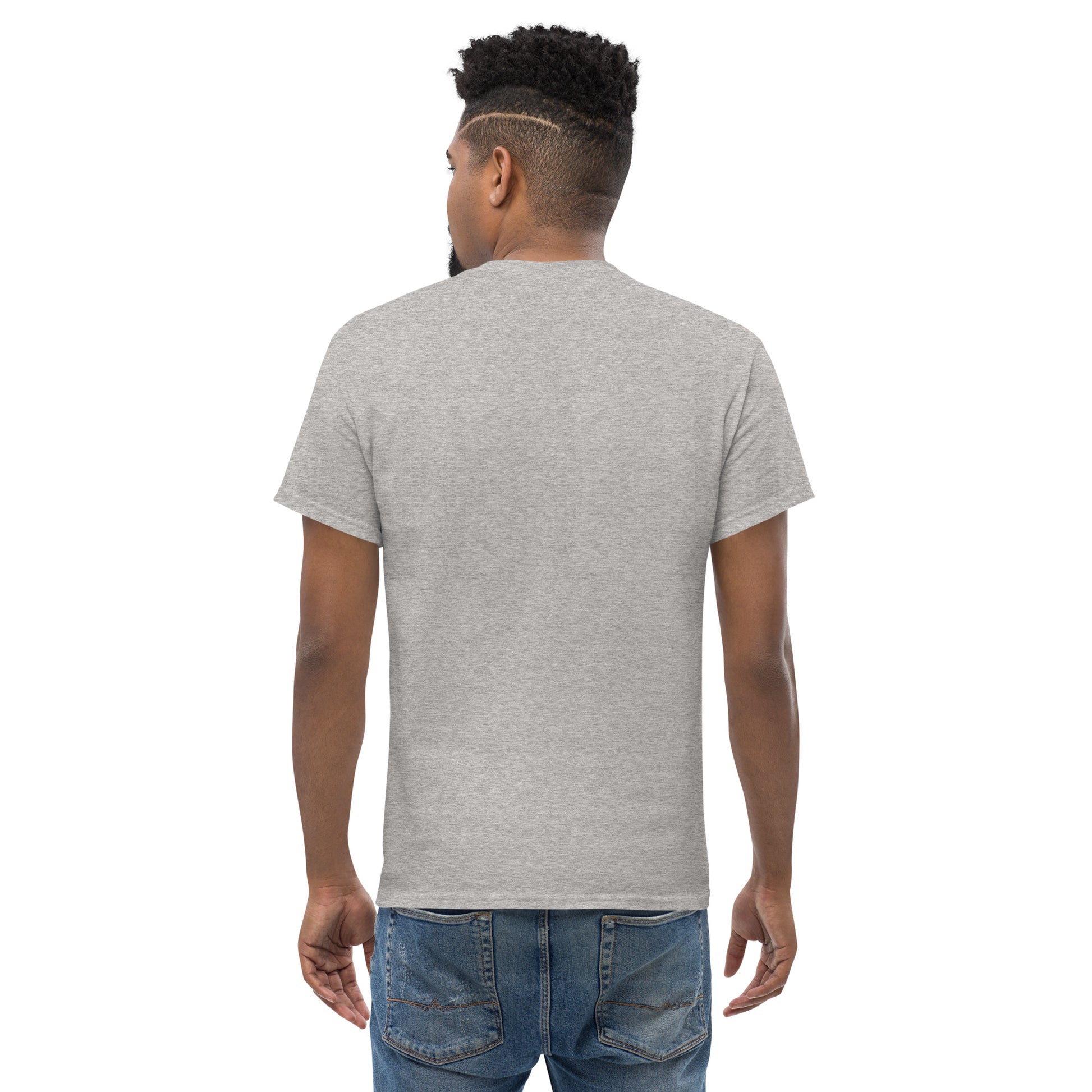 Rear view of man wearing sport grey unisex classic short-sleeve t-shirt and blue jeans