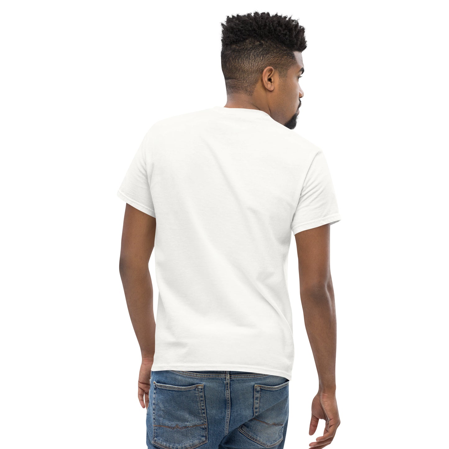 Back view of man wearing plain white unisex classic tee and blue jeans against white background