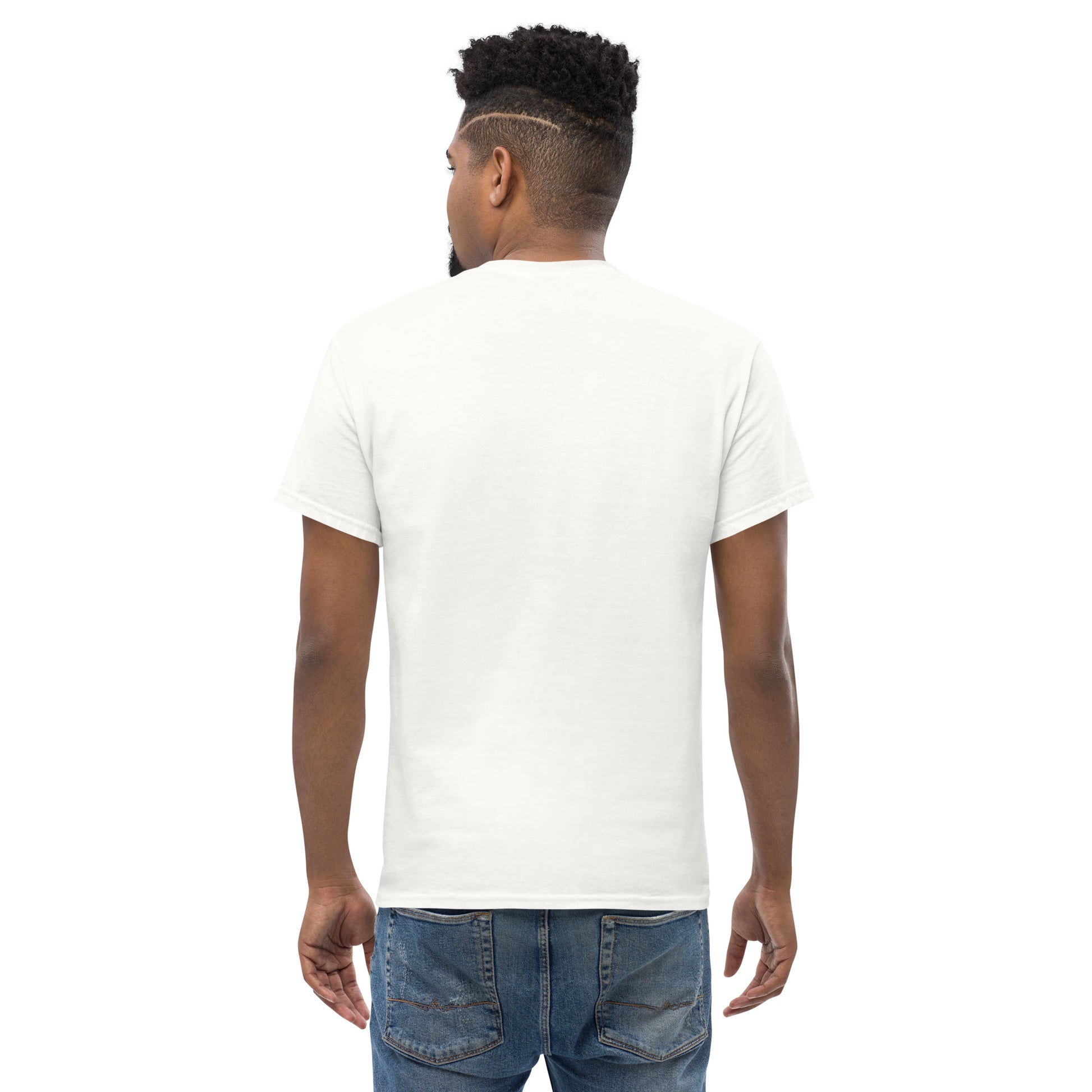Man wearing plain white unisex classic tee and blue jeans, back view on white background