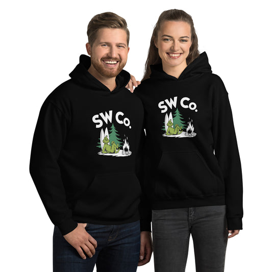 Smiling man and woman wearing black unisex hoodies with SW Co. logo, Grinch by campfire design