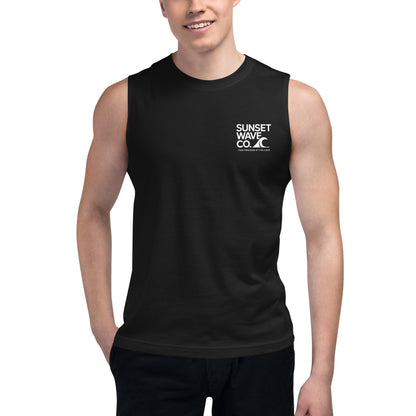 Man wearing black unisex muscle shirt with white Sunset Wave Co. logo on front