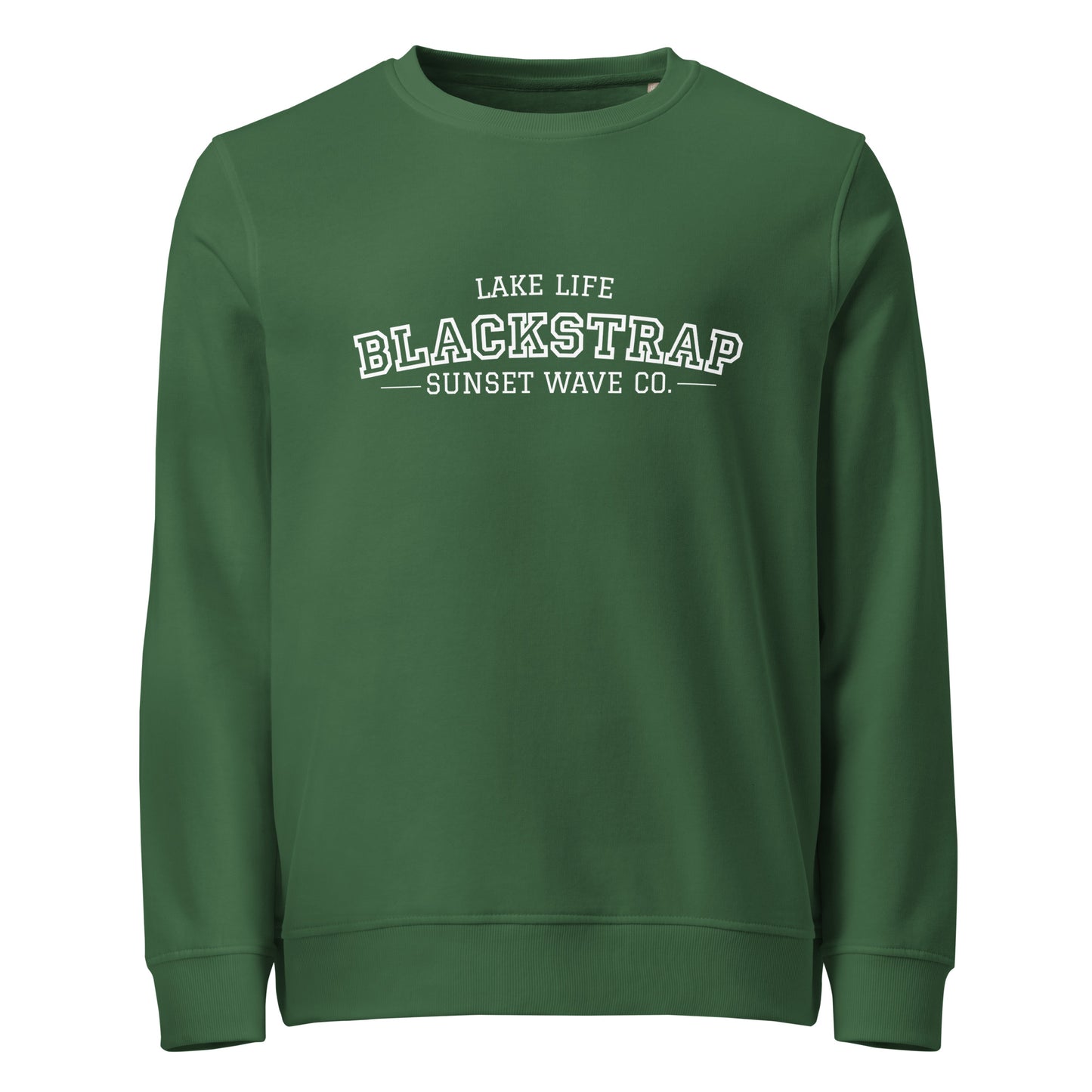 Bottle green unisex organic sweatshirt with lake life Blackstrap Sunset Wave Co. text