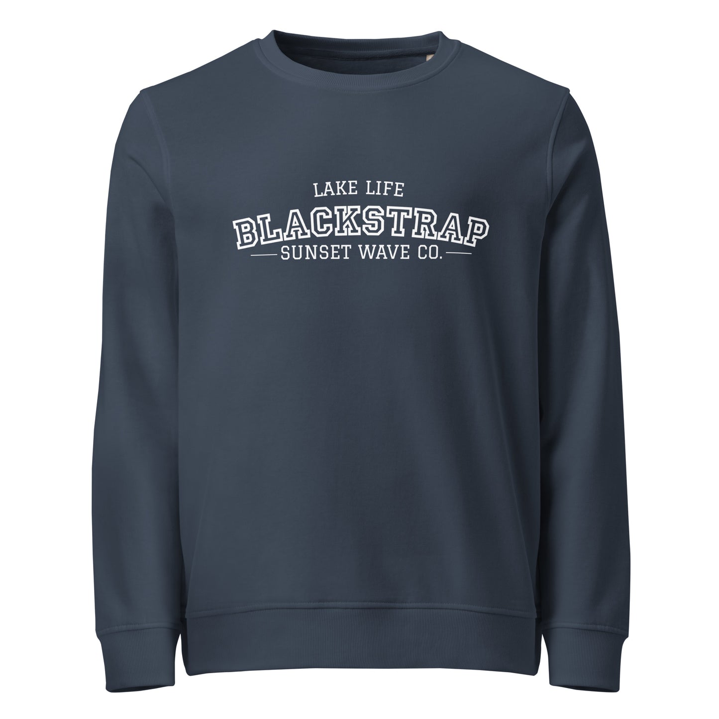 Unisex organic sweatshirt in French navy with Blackstrap Lake Life Sunset Wave Co. logo