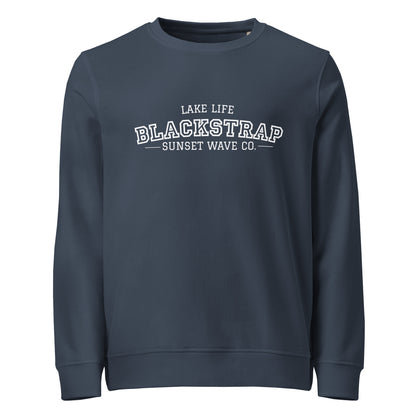 Unisex organic sweatshirt in French navy with Blackstrap Lake Life Sunset Wave Co. logo