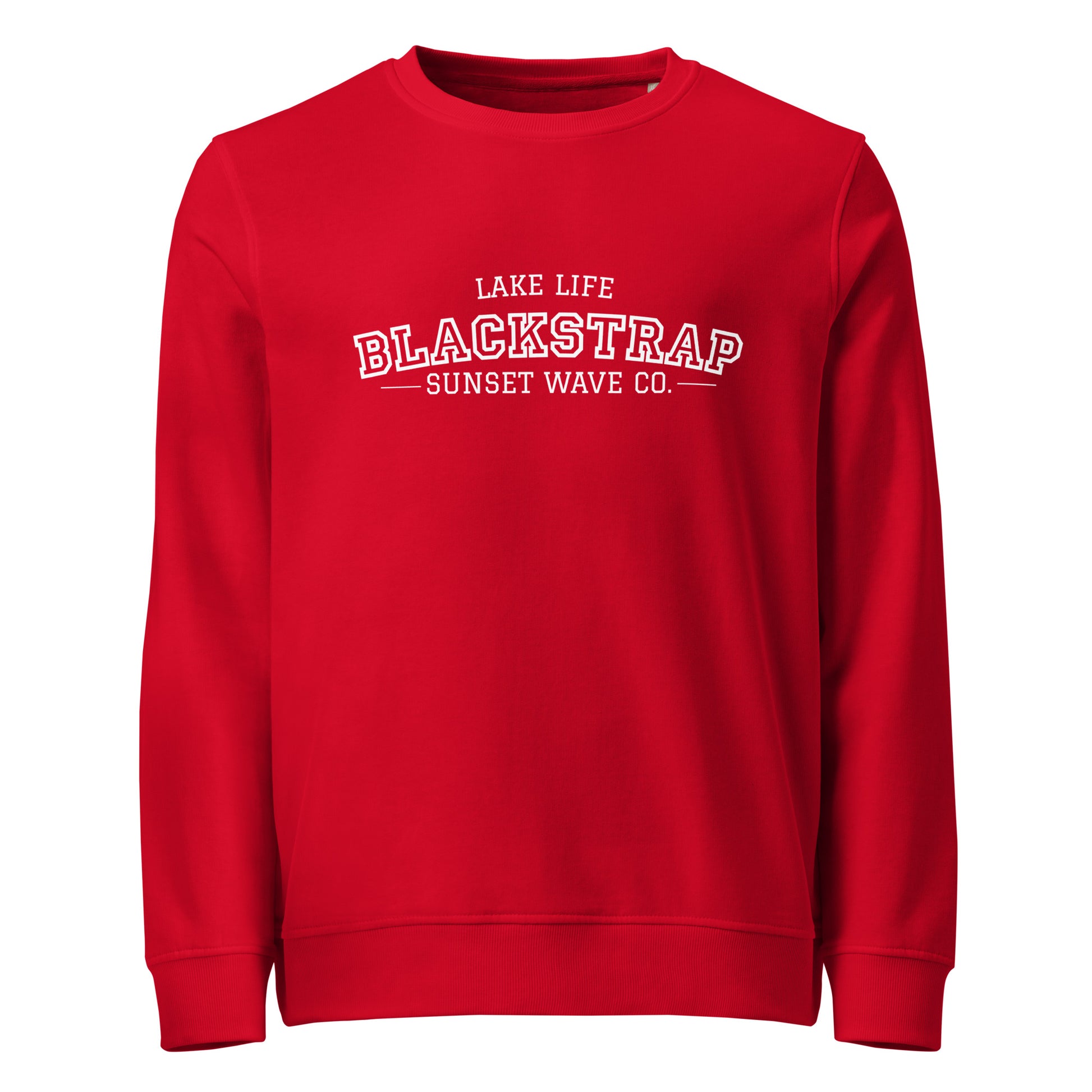 Unisex red organic sweatshirt with LAKE LIFE BLACKSTRAP SUNSET WAVE CO. white text on front