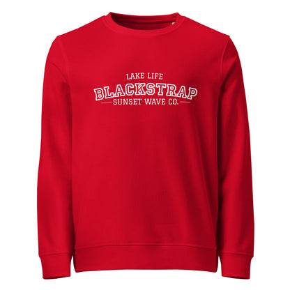 Unisex red organic sweatshirt with LAKE LIFE BLACKSTRAP SUNSET WAVE CO. white text on front