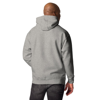 Back view of man wearing light grey unisex premium hoodie with hood up, paired with dark jeans