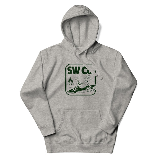 Light grey unisex premium hoodie with green graphic of relaxed character on surfboard and campfire icon