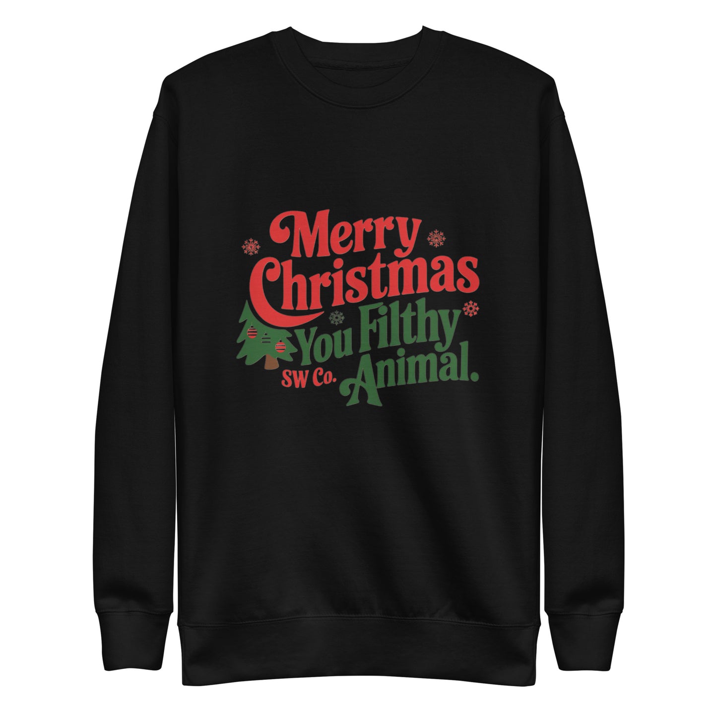 Black unisex sweatshirt with red and green Christmas text and decorated tree graphic