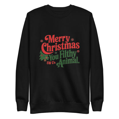 Black unisex sweatshirt with red and green Christmas text and decorated tree graphic