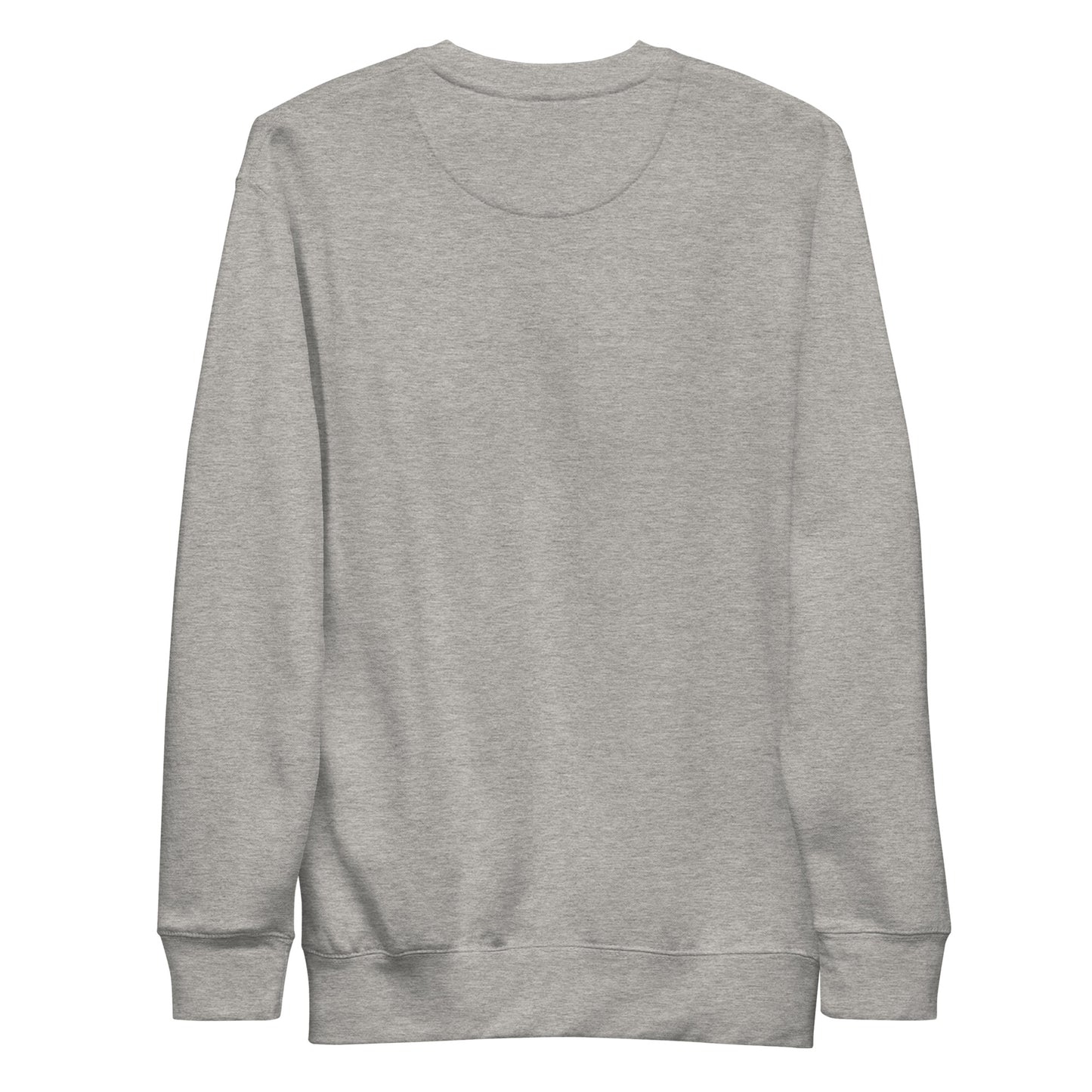 Back view of unisex premium sweatshirt in carbon grey with long sleeves and ribbed cuffs