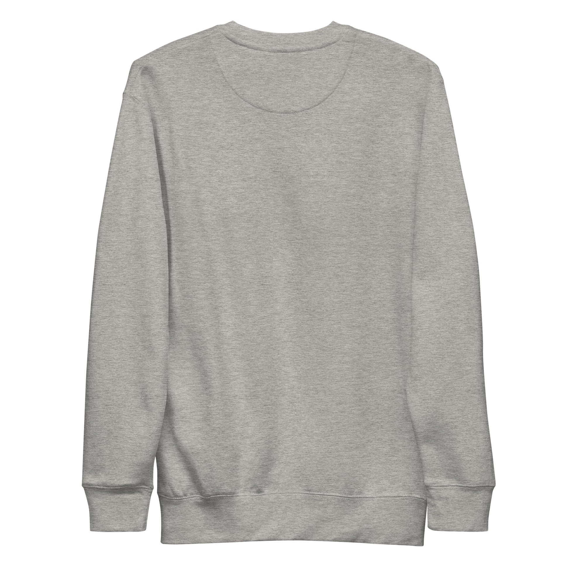 Back view of unisex premium sweatshirt in carbon grey with long sleeves and ribbed cuffs