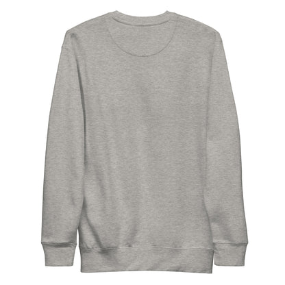 Back view of unisex premium sweatshirt in carbon grey with long sleeves and ribbed cuffs