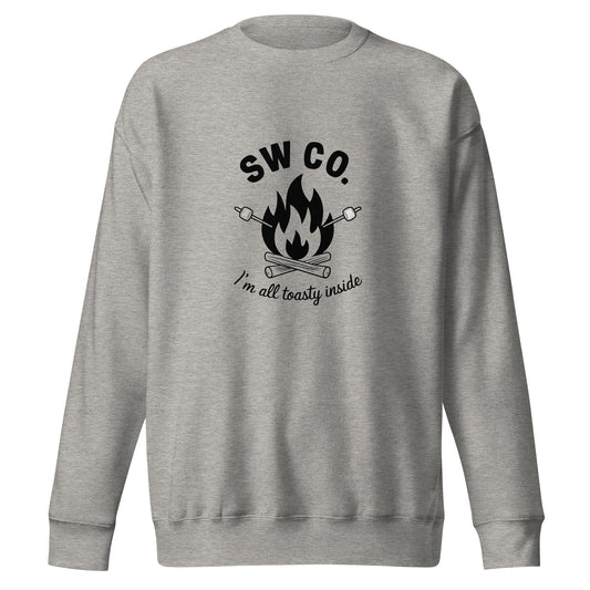 unisex premium grey sweatshirt with black campfire graphic and text, cozy casual wear