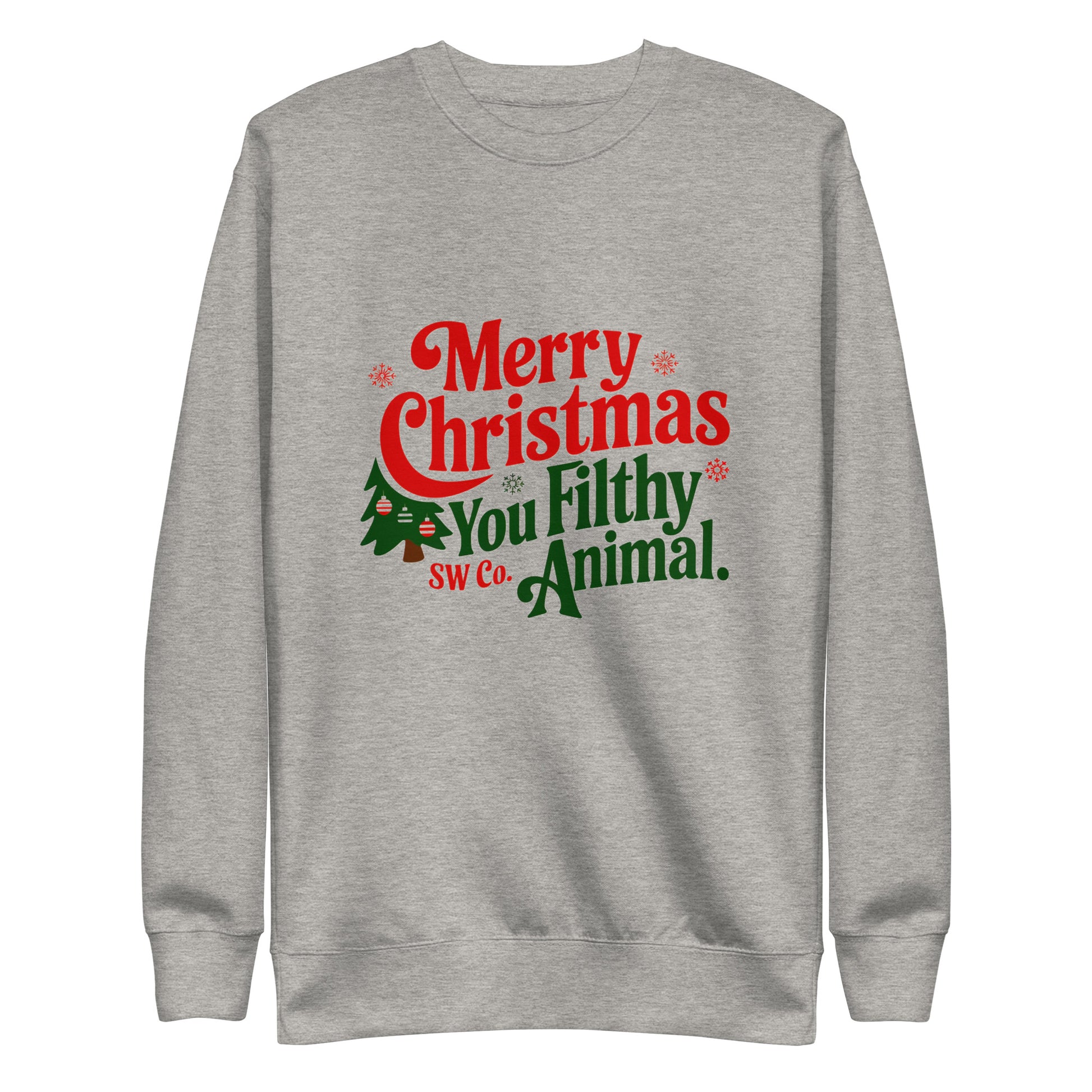 Unisex premium grey sweatshirt with red and green Merry Christmas You Filthy Animal graphic and Christmas tree design
