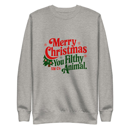 Unisex premium grey sweatshirt with red and green Merry Christmas You Filthy Animal graphic and Christmas tree design
