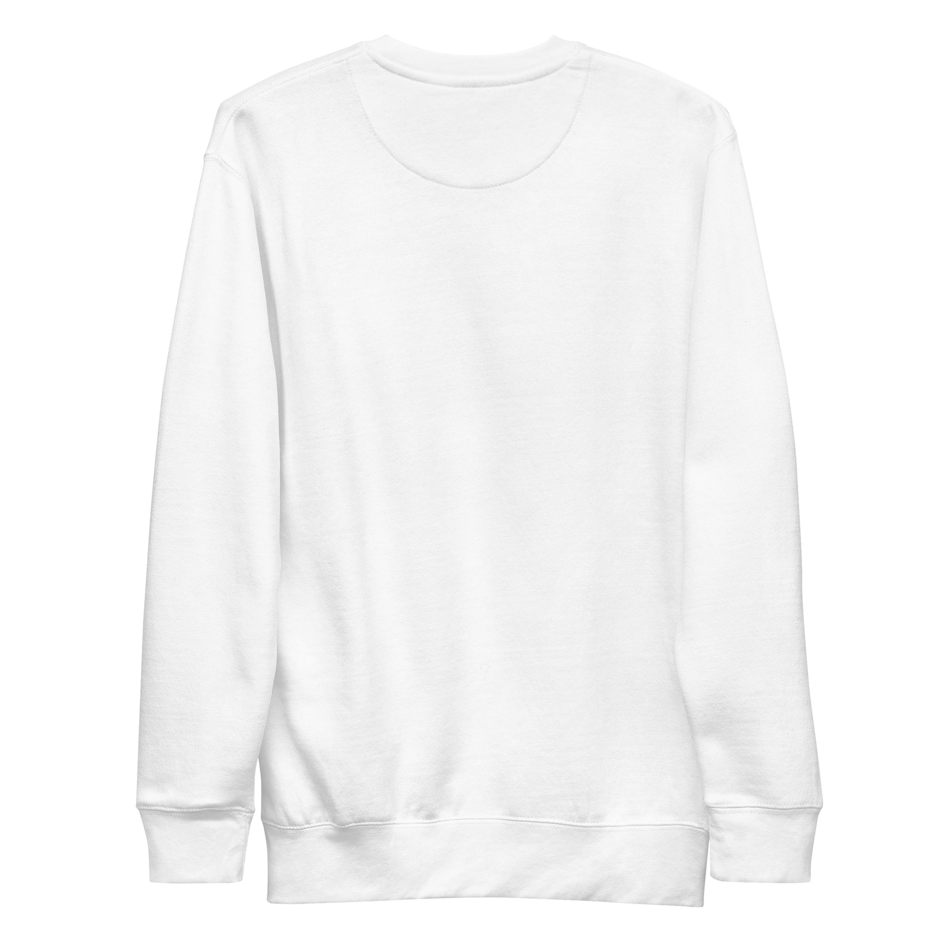back view of unisex premium white sweatshirt with long sleeves and ribbed cuffs