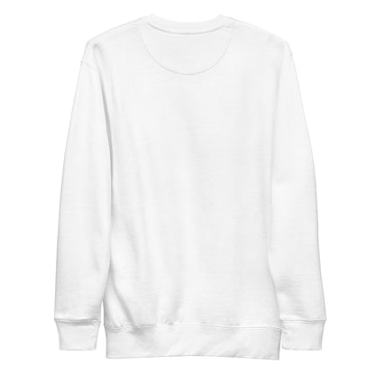 back view of unisex premium white sweatshirt with long sleeves and ribbed cuffs
