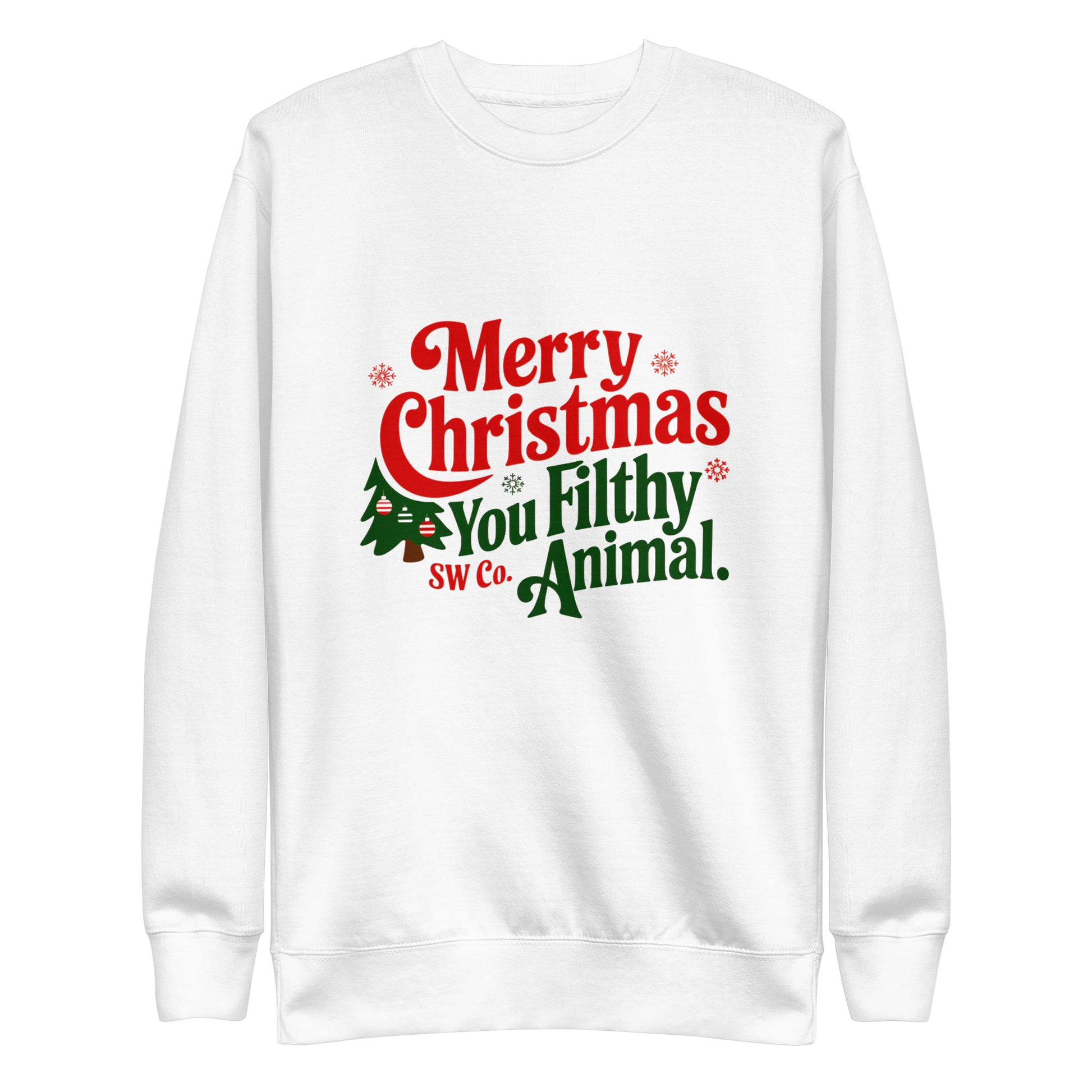White unisex Christmas sweatshirt with red and green text Merry Christmas You Filthy Animal and decorated Christmas tree graphic