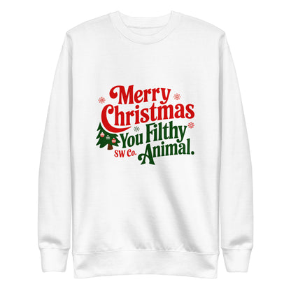 White unisex Christmas sweatshirt with red and green text Merry Christmas You Filthy Animal and decorated Christmas tree graphic