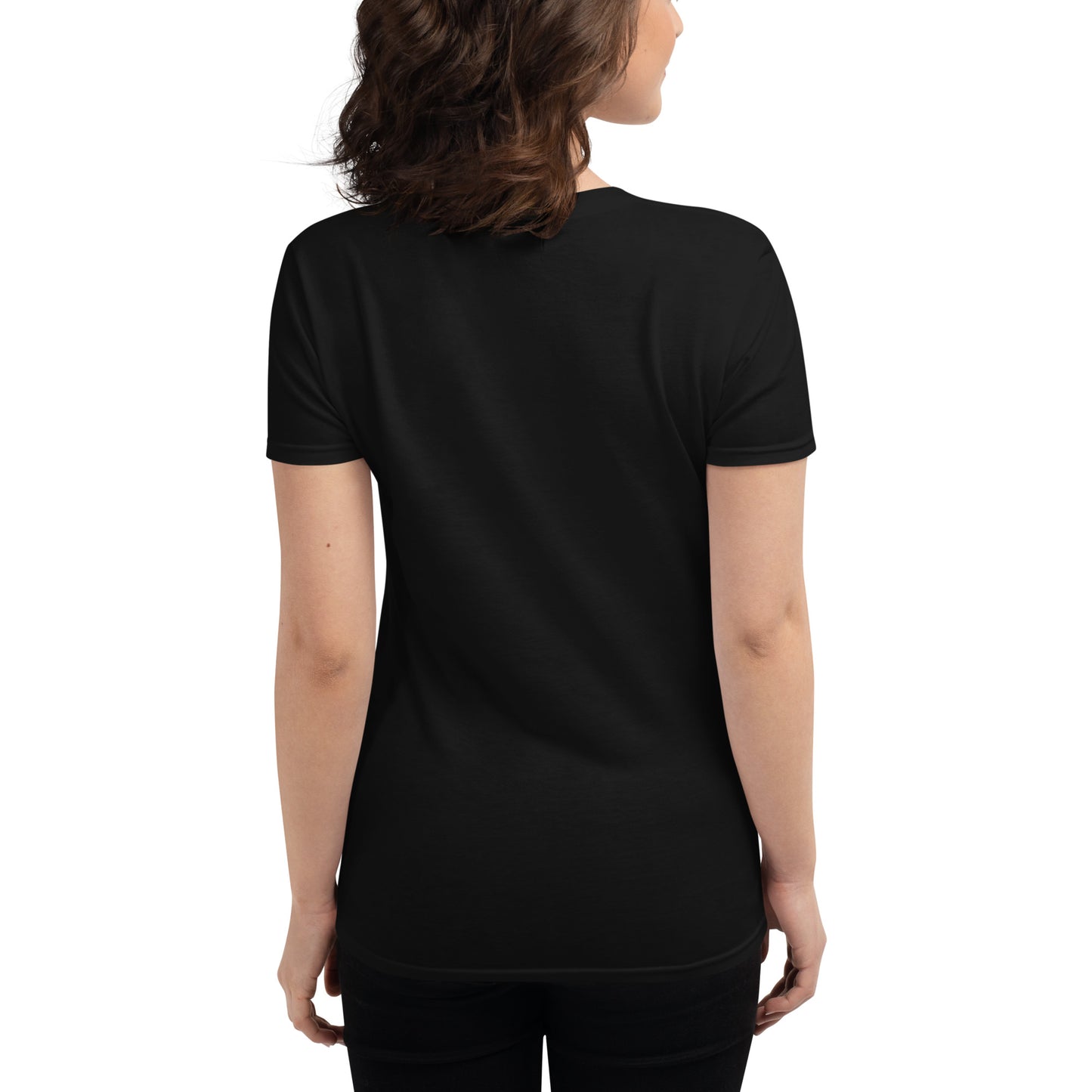 Rear view of woman wearing a plain black fitted short-sleeve t-shirt against a white background
