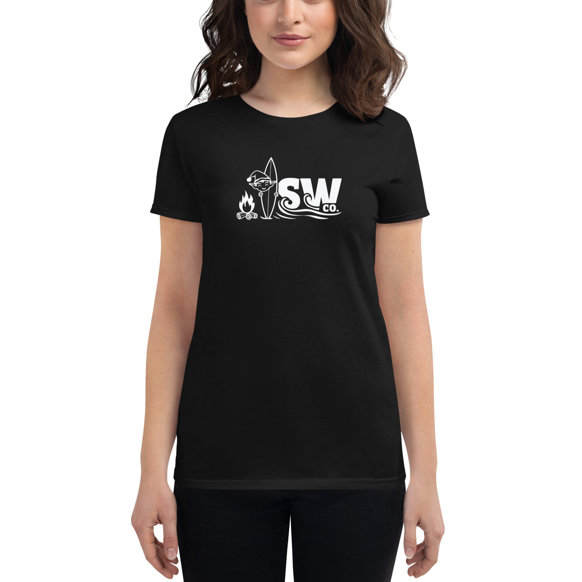 Woman wearing black fitted t-shirt with white SW Co. logo featuring campfire, surfboard, and waves