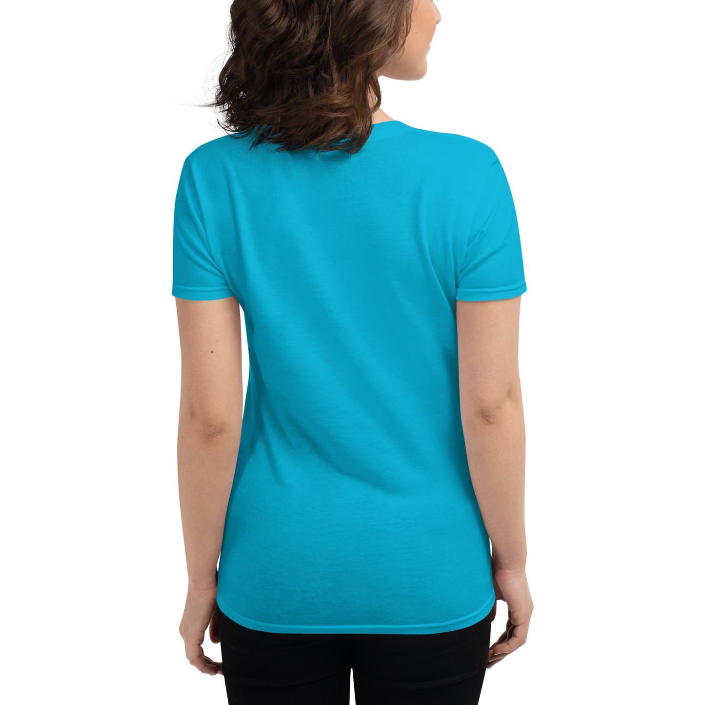 Woman wearing Caribbean blue fitted t-shirt viewed from the back on white background