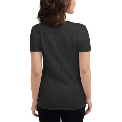 Woman wearing a fitted dark grey heather t-shirt viewed from the back on white background