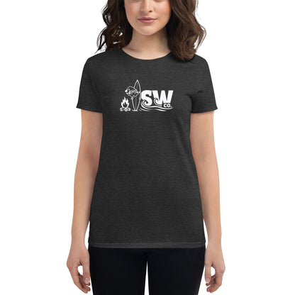 Woman wearing heather dark grey fitted t-shirt with white SW Co. surf and campfire logo