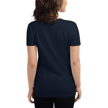 Back view of woman wearing plain navy blue fitted short sleeve t-shirt on white background