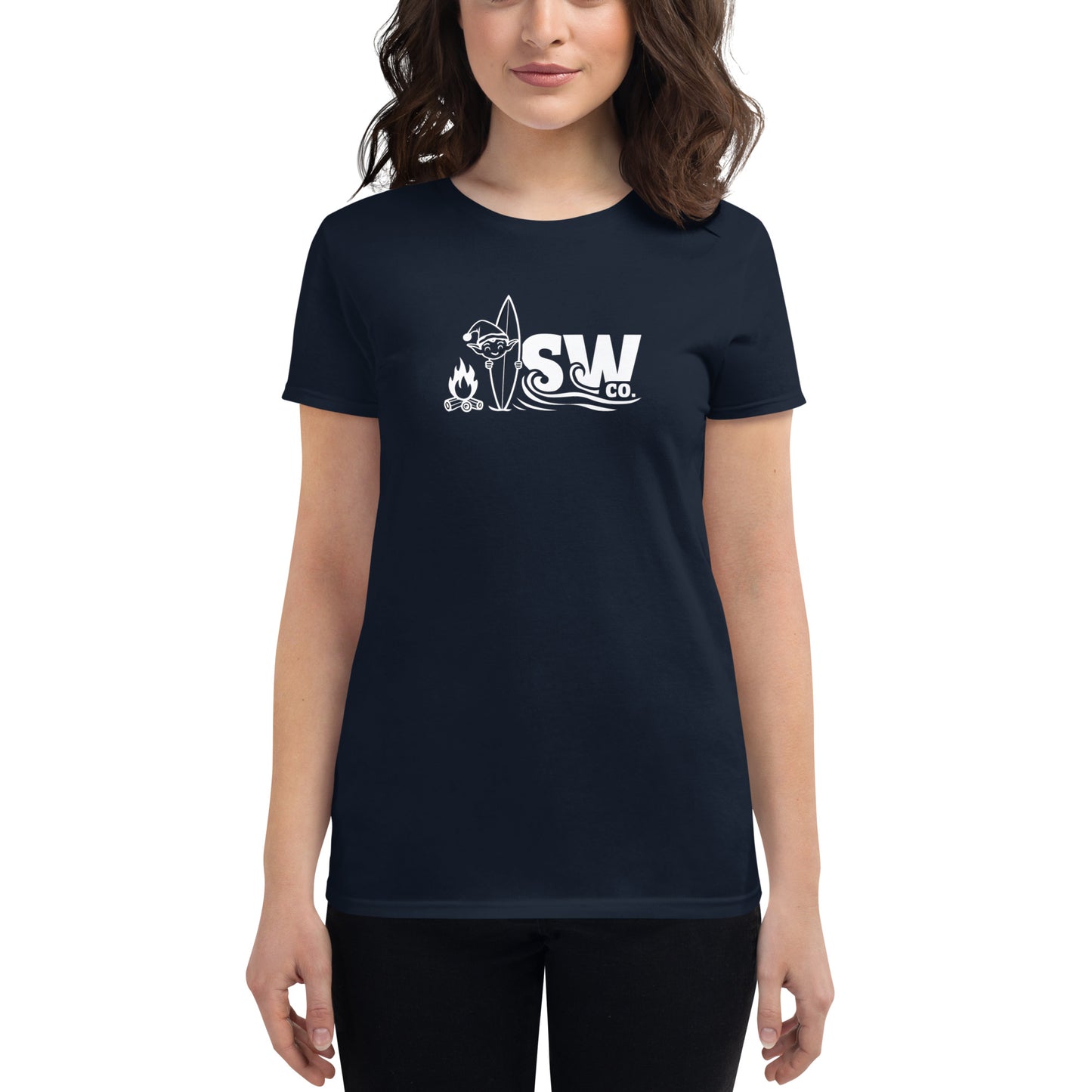Woman wearing navy blue fitted t-shirt with white surf-themed graphic and SW Co. logo
