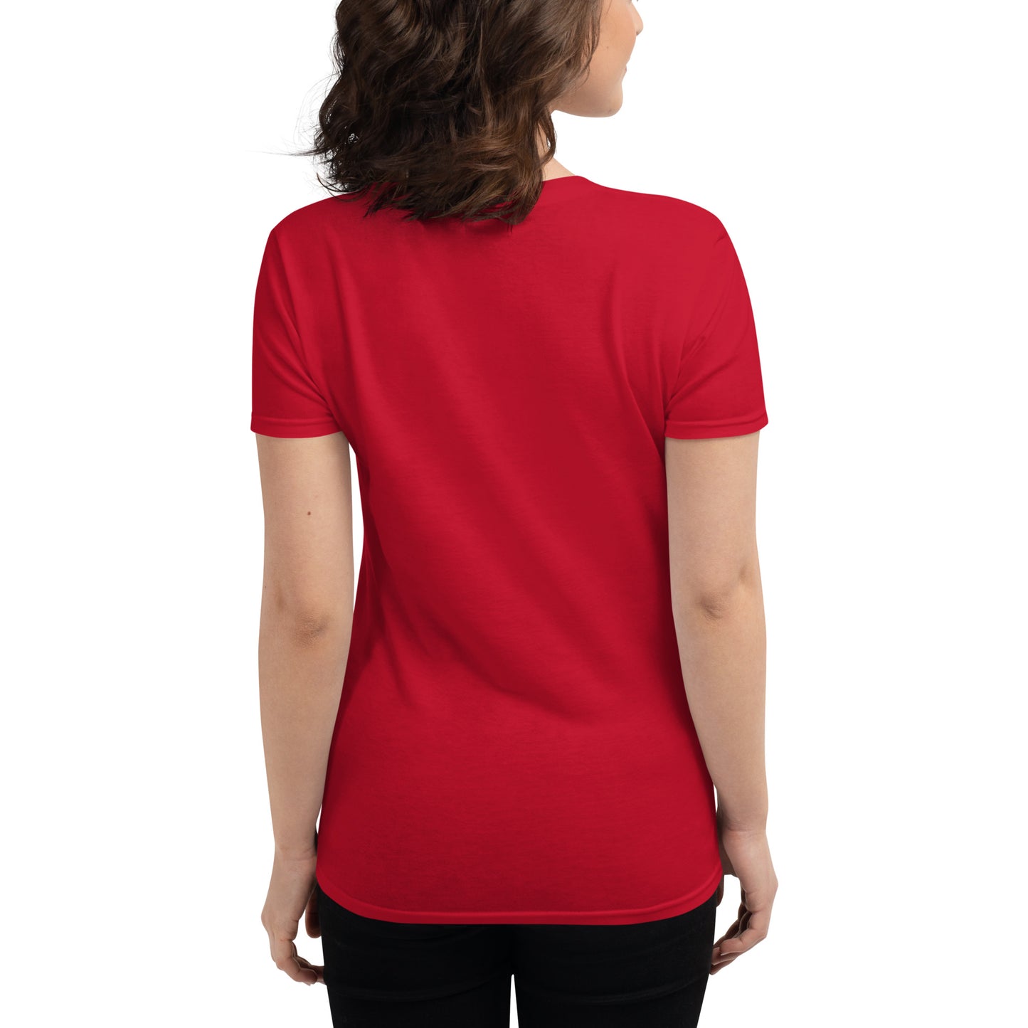 Back view of woman wearing a true red fitted short sleeve t-shirt with black pants