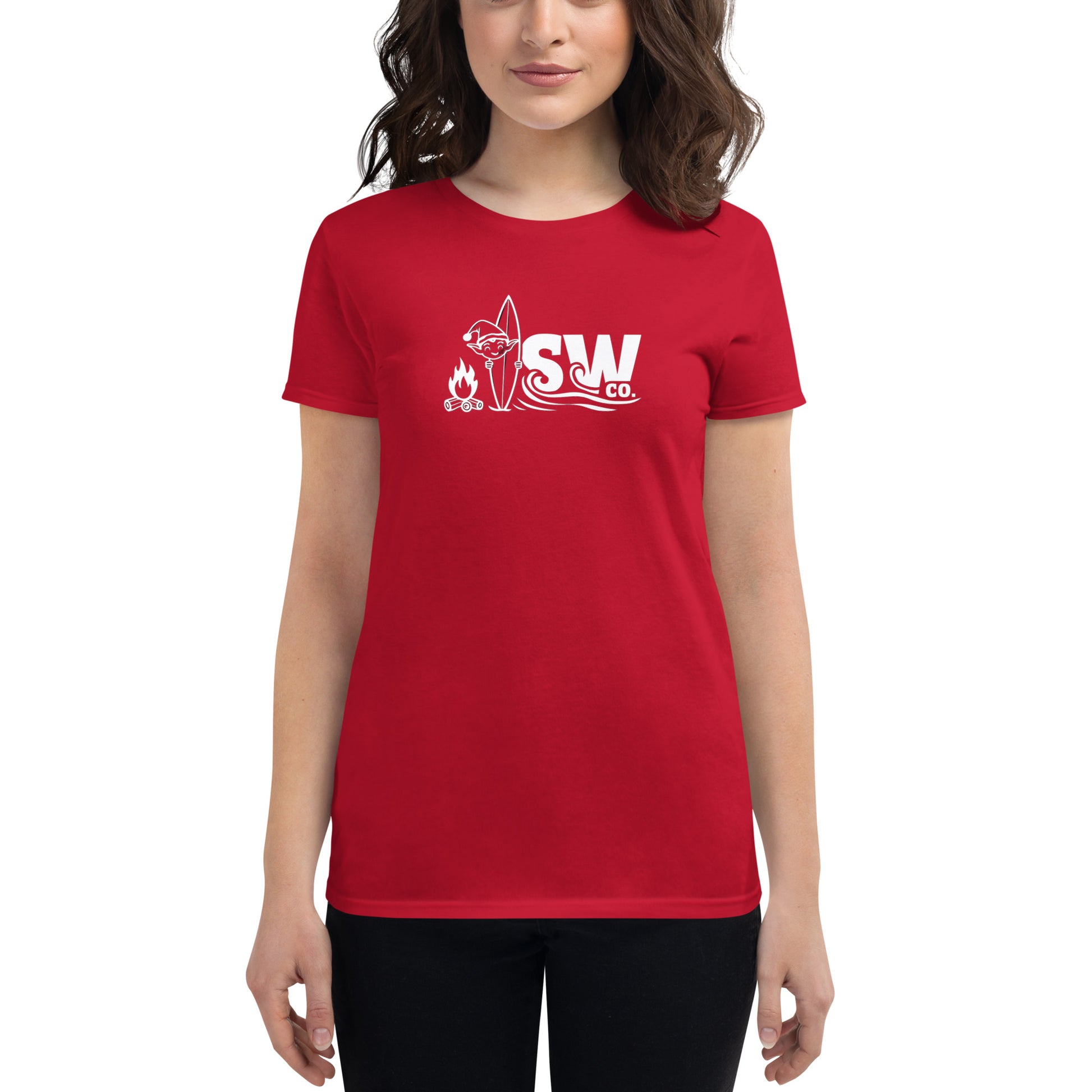 Woman wearing true red fitted t-shirt with white SW co. surfing and campfire logo