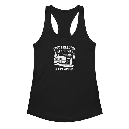 Black women's racerback tank top with white lake camping graphic and "Find Freedom at the Lake" text