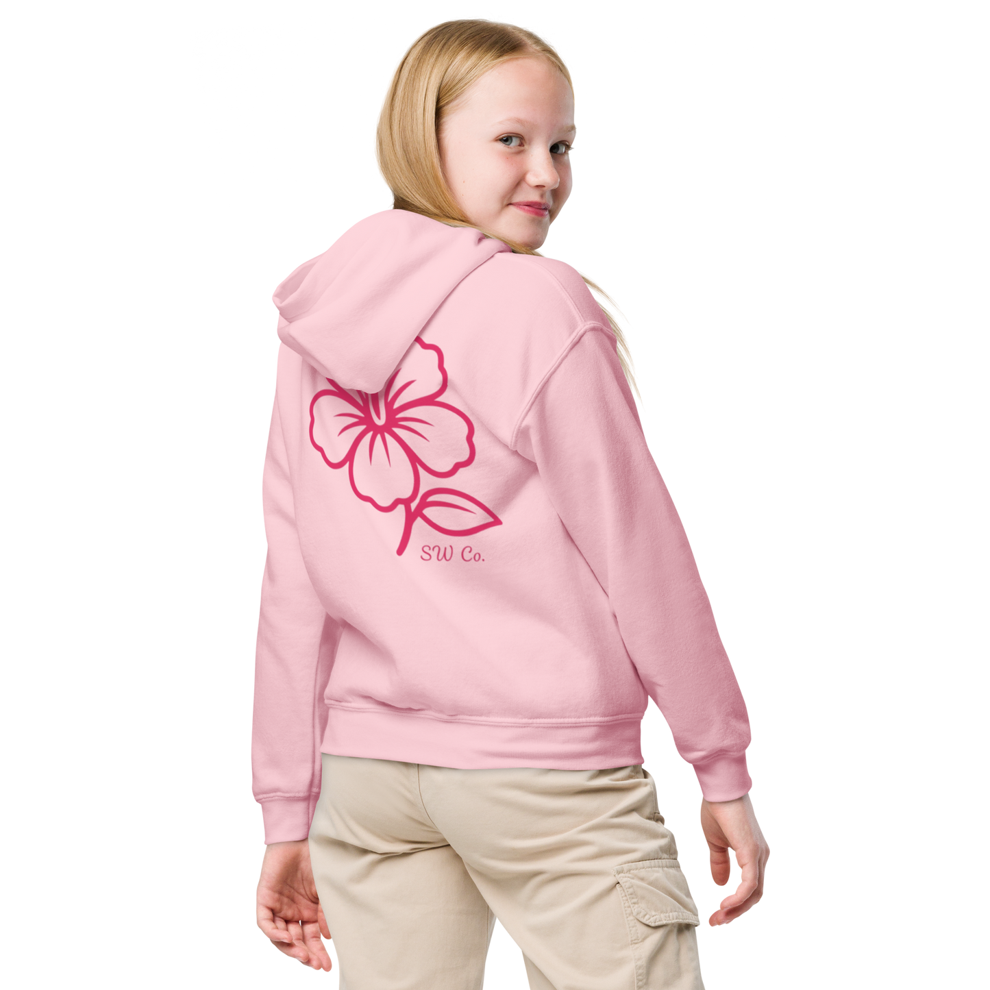 Teen girl wearing light pink hoodie with red floral design and SW Co. text on back