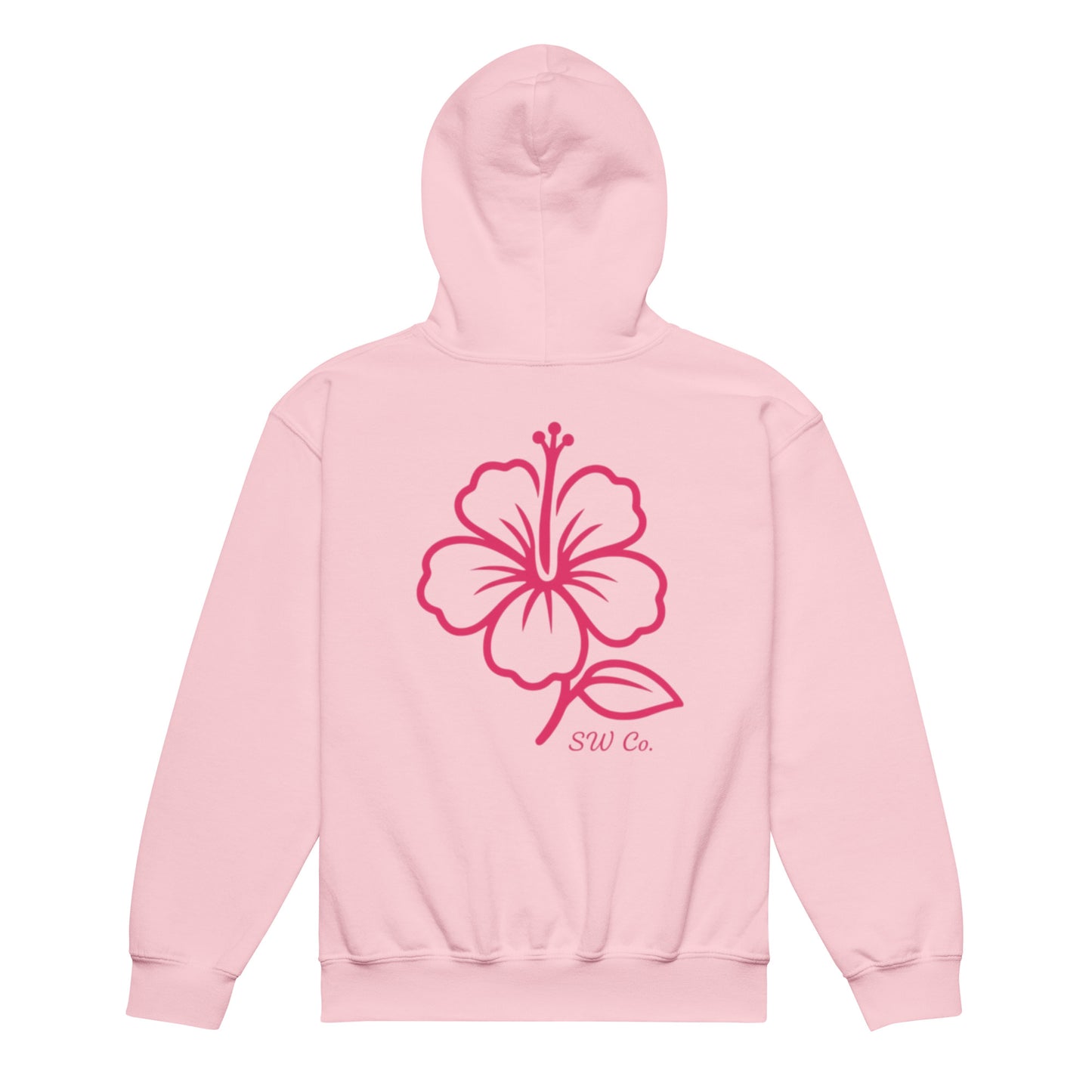 Light pink youth heavy blend hoodie with large red hibiscus flower design and SW Co. text on back