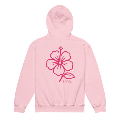 Light pink youth heavy blend hoodie with large red hibiscus flower design and SW Co. text on back