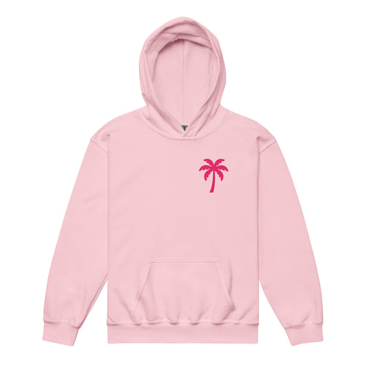 Hot pink palm tree graphic on girls tropical hoodie